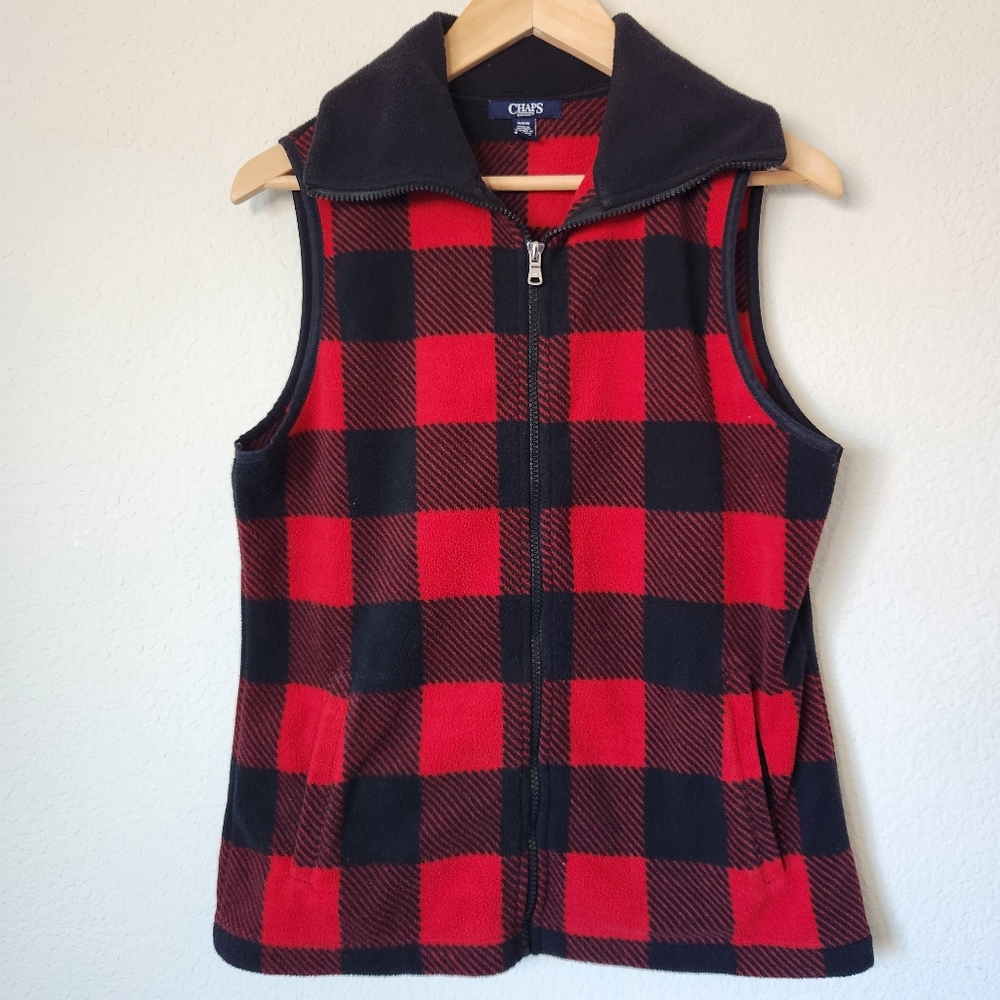 Women's Chaps Sport Soft Full Zip Red/Black Checkered Vest Size M